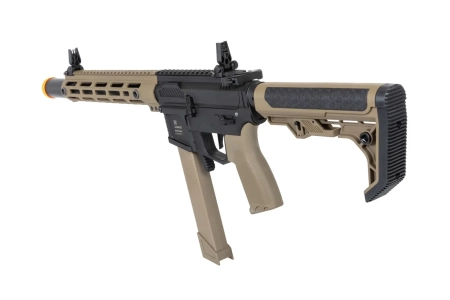 Pistolet maszynowy ASG Specna Arms SA-FX02 FLEX™ HAL ETU Half-Tan z pomarańczowym urządzeniem wylotowym