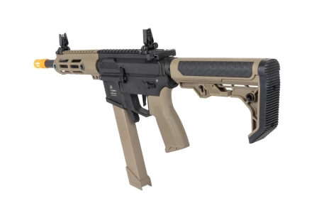 Pistolet maszynowy ASG Specna Arms SA-FX01 FLEX™ HAL ETU Half-Tan z pomarańczowym urządzeniem wylotowym