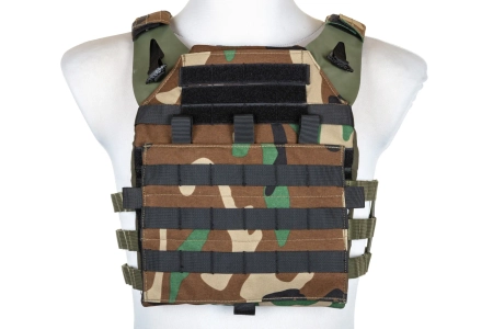 Kamizelka taktyczna Specna Arms Tactical typu Plate Carrier z panelem szturmowym Woodland